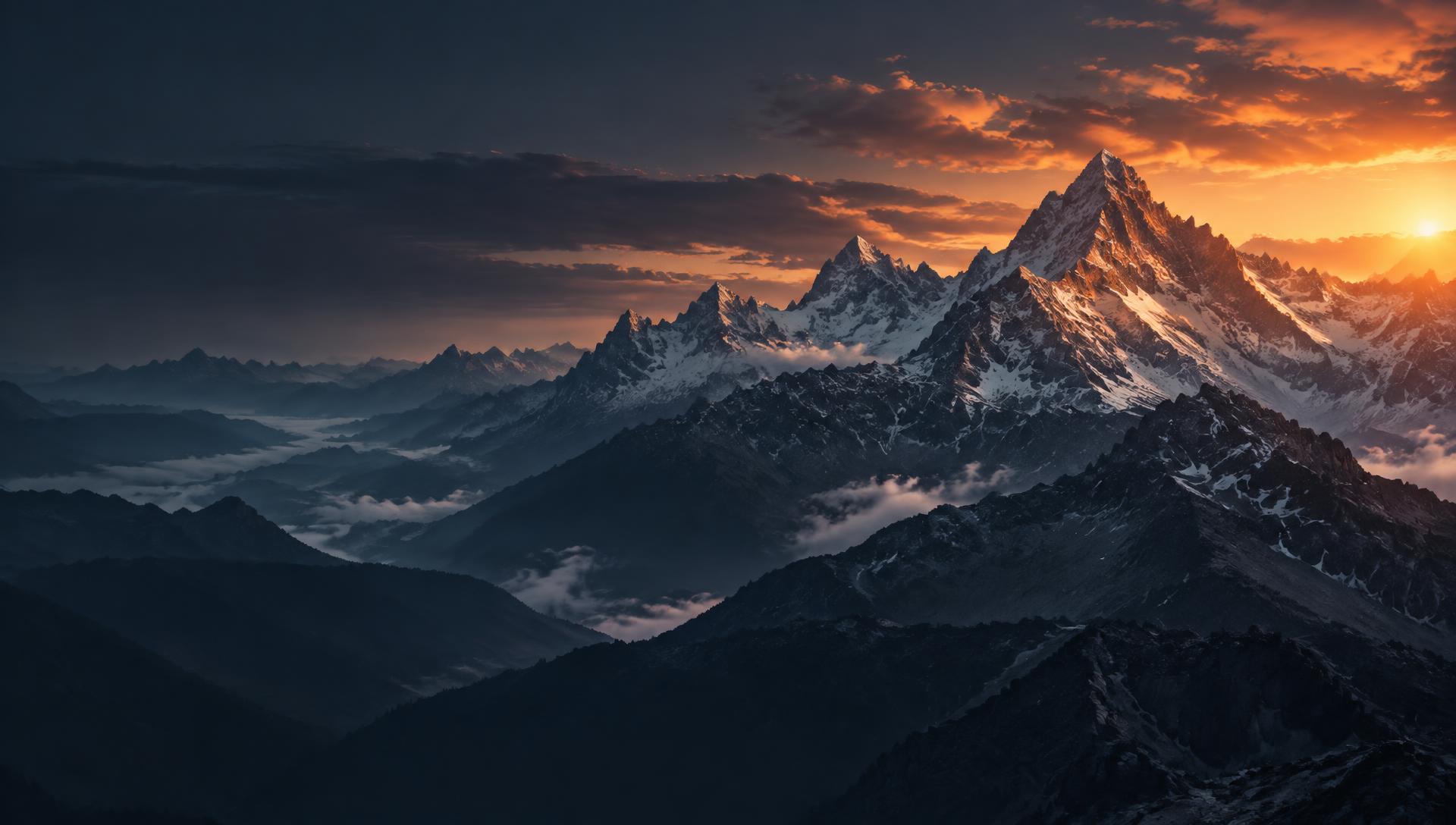 Snow-covered mountain ridges at sunset